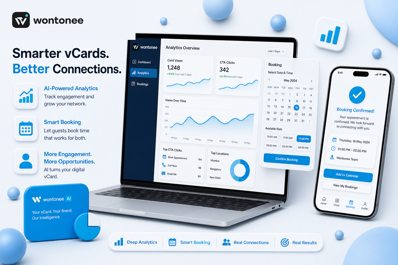AI vCard analytics dashboard and appointment booking calendar with cyan brand accents