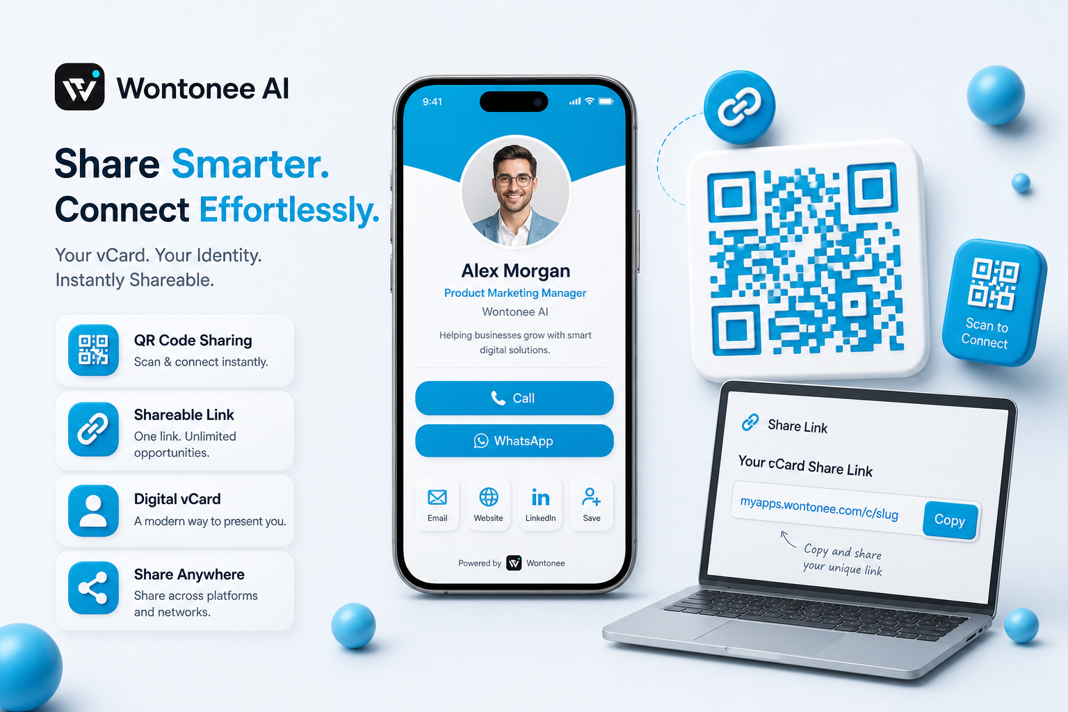 Public AI vCard on mobile with QR code and shareable link for networking
