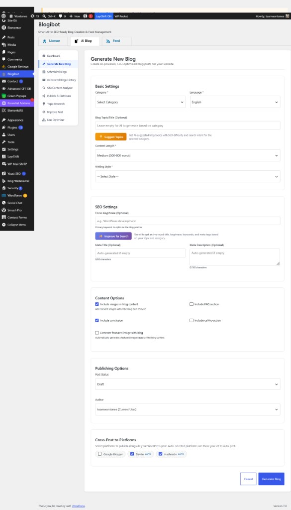 Blogibot AI writing assistant with WordPress generate blog form, SEO score, readability, internal links, and one-click publish workflow