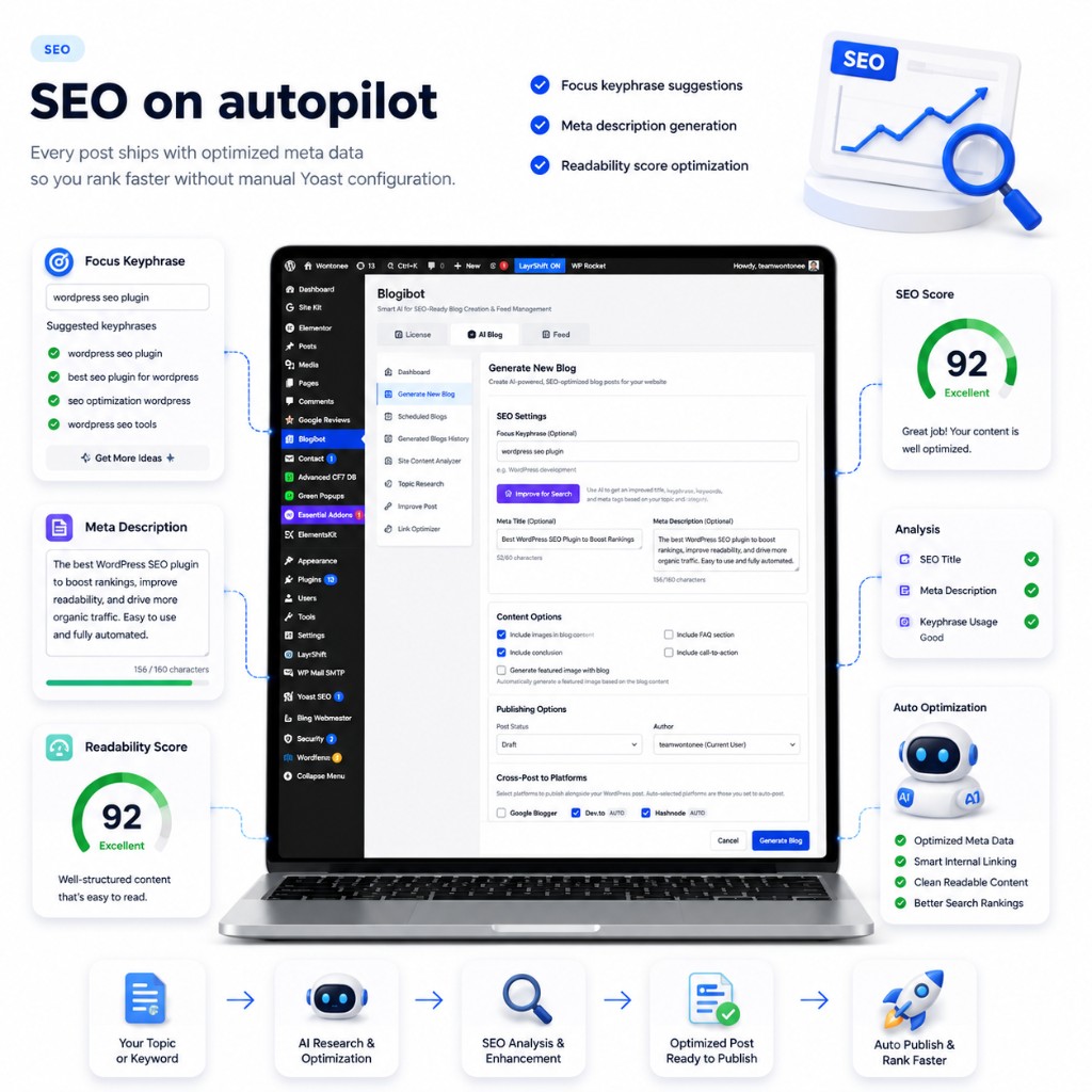Blogibot SEO on autopilot with focus keyphrase suggestions, meta description generation, readability score, SEO analysis, and auto optimization workflow