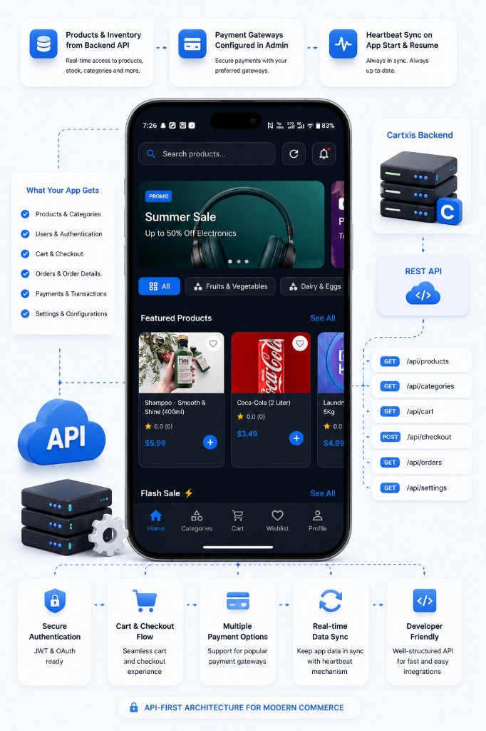 Cartxis mobile app connected to Cartxis backend via REST API with products, cart, checkout, orders, and real-time sync