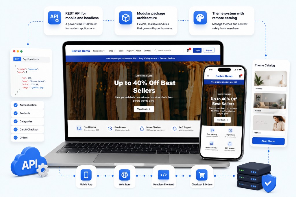 Cartxis REST API powering web store, mobile app, and headless frontends with theme catalog, modular architecture, and checkout integration