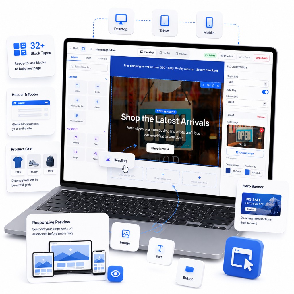 Cartxis homepage editor with drag-and-drop blocks, responsive desktop tablet and mobile preview, and hero banner customization