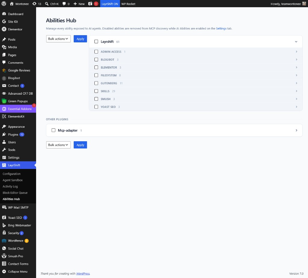 LayrShift Abilities Hub in WordPress admin with per-tool toggles for filesystem, Gutenberg, and plugin integrations