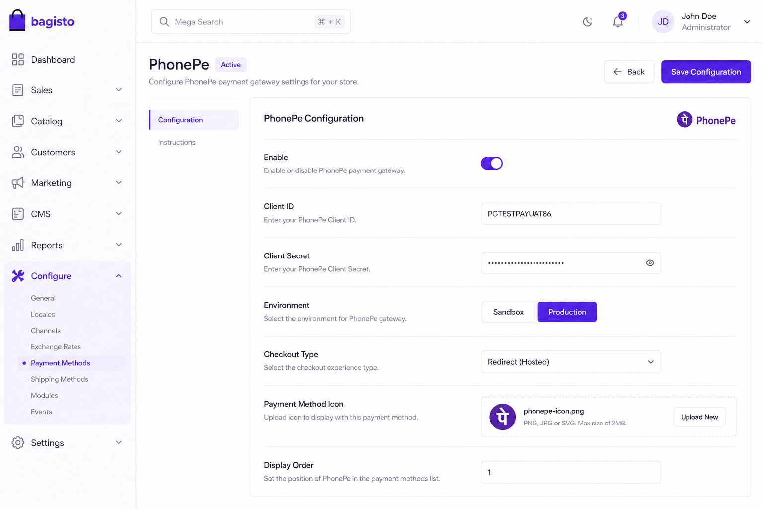 Bagisto admin PhonePe payment method configuration with Client ID, Client Secret, and environment settings
