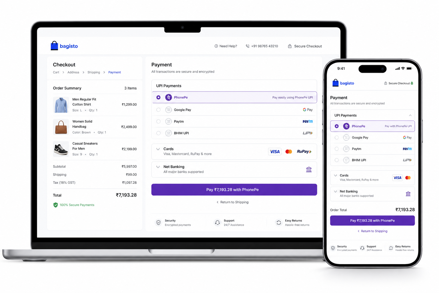 PhonePe checkout on Bagisto with UPI, cards, and net banking on mobile and desktop