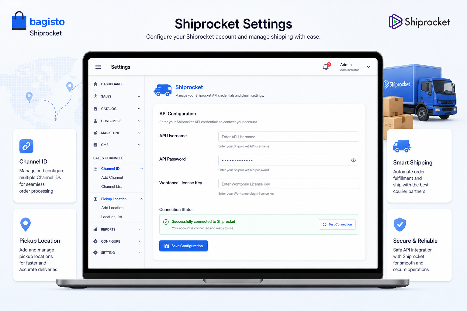 Bagisto admin Shiprocket settings with API credentials, license key, channel ID, and pickup locations