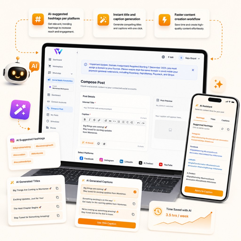 Social Automation AI assistant with hashtag suggestions, generated titles and captions, and time-saved insights across laptop and mobile