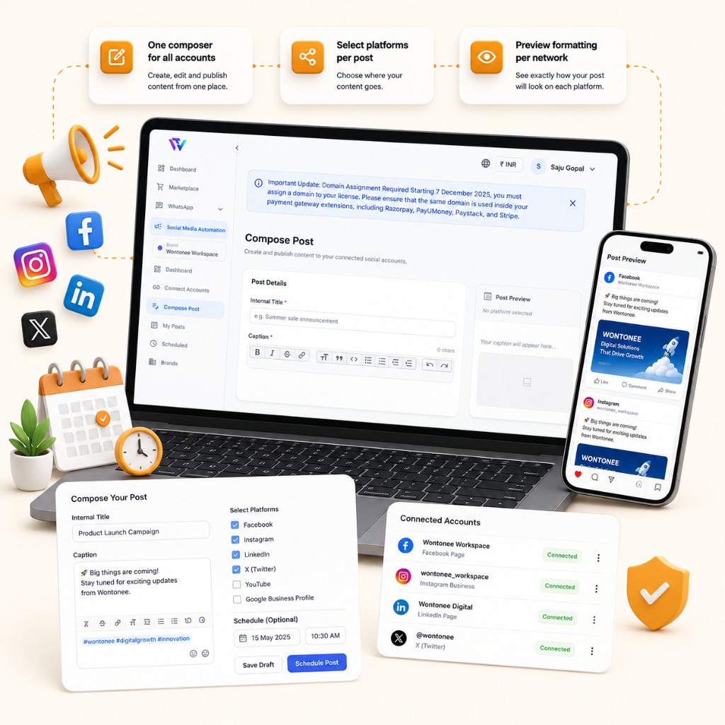 Social Automation compose dashboard with laptop and phone showing multi-platform post creation, scheduling, and connected accounts