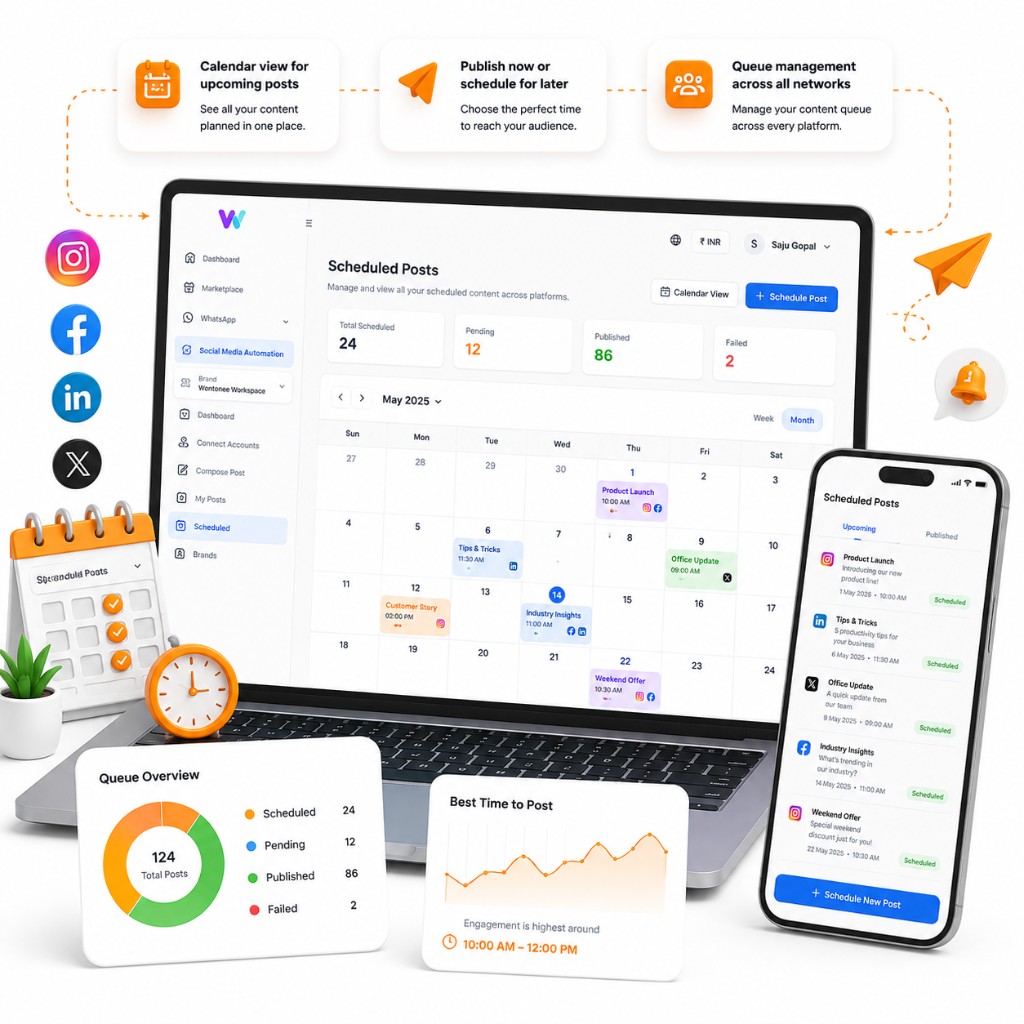 Social Automation scheduled posts dashboard with calendar view, queue overview, best-time insights, and mobile schedule list