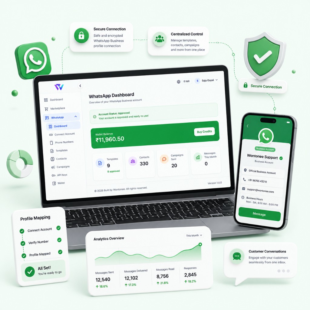 WhatsApp Business API dashboard with laptop, phone, and messaging analytics on myapps.wontonee.com