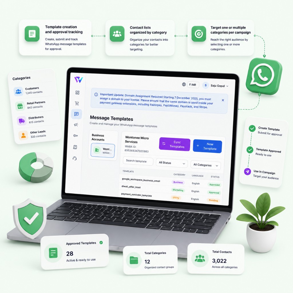 WhatsApp message templates and categorized contacts dashboard with approval status and contact groups