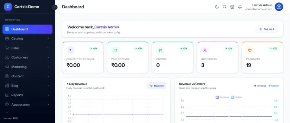 Cartxis ecommerce admin dashboard and storefront with promotional deals