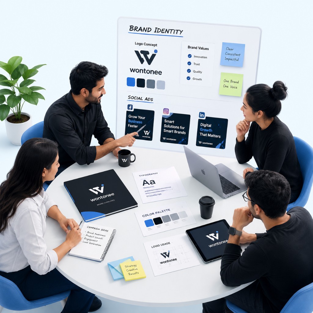 Wontonee branding team collaborating on brand identity, guidelines, and social campaigns