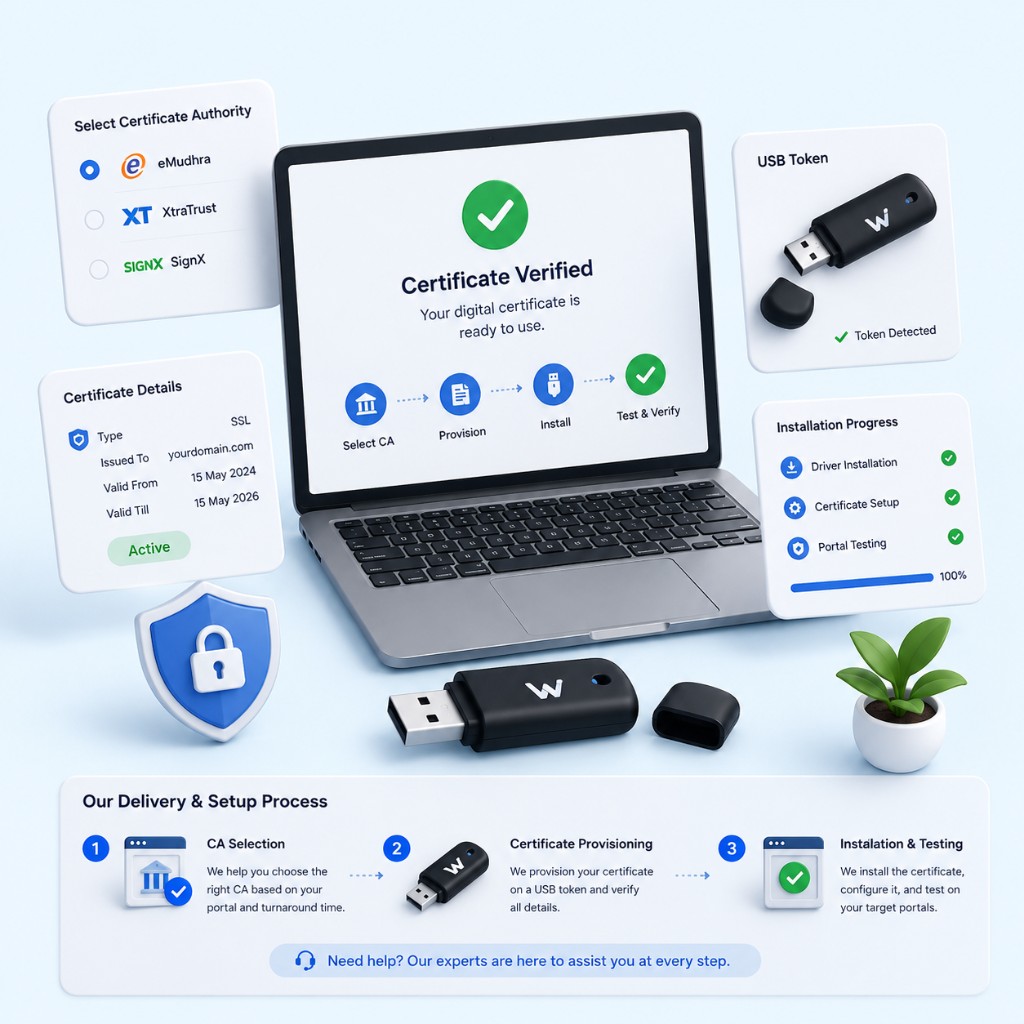 Delivery and setup workflow with CA selection, USB token provisioning, certificate installation, and portal testing