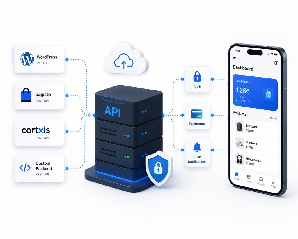 Mobile app connected to WordPress, Bagisto, Cartxis, and custom REST APIs