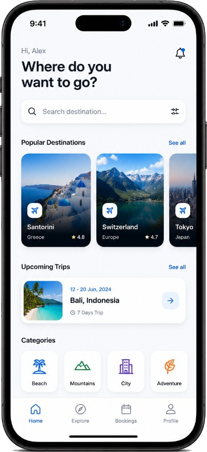 Mobile travel booking app UI mockup on iPhone