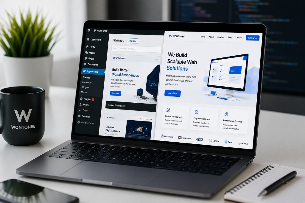 Wontonee WordPress CMS and custom web development workspace with laptop showing admin and frontend