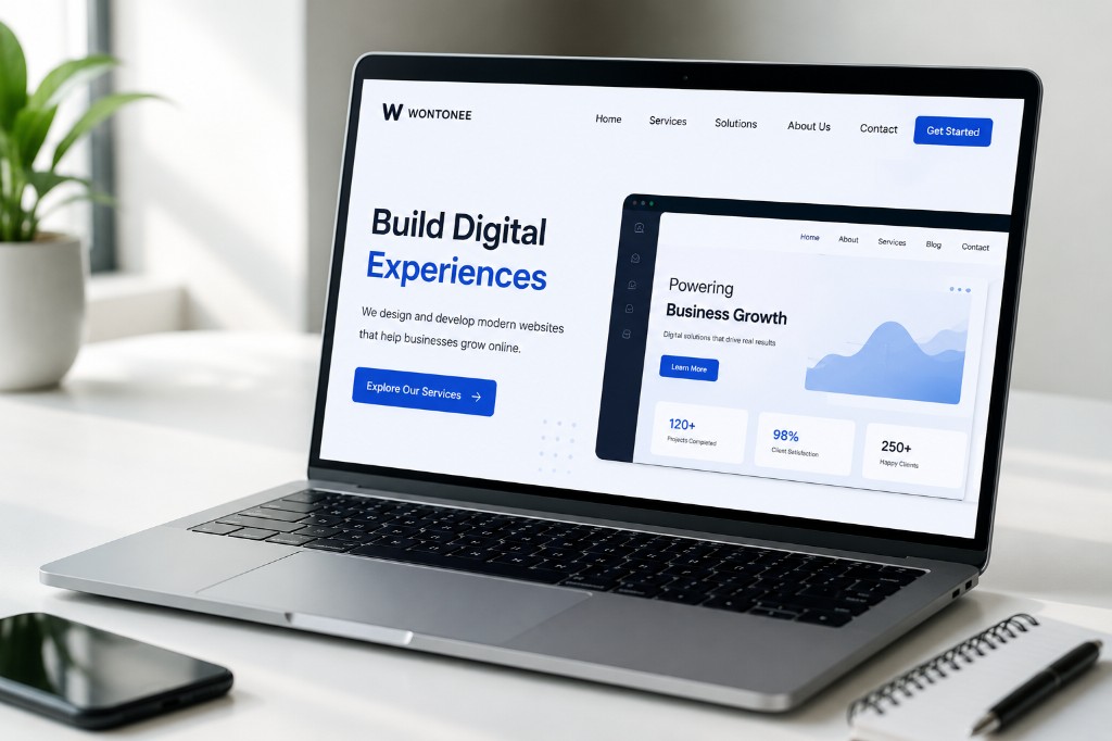 Wontonee landing page design mockup with hero, services, and growth dashboard