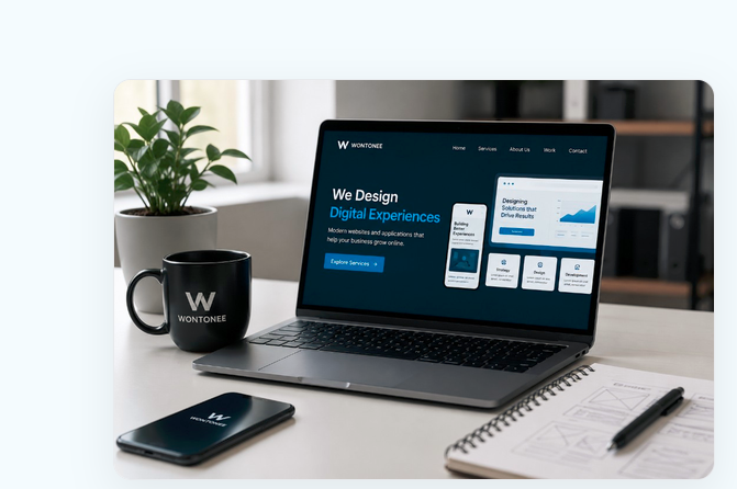 Wontonee website design workspace with laptop showing digital experiences, phone, mug, and wireframe sketches